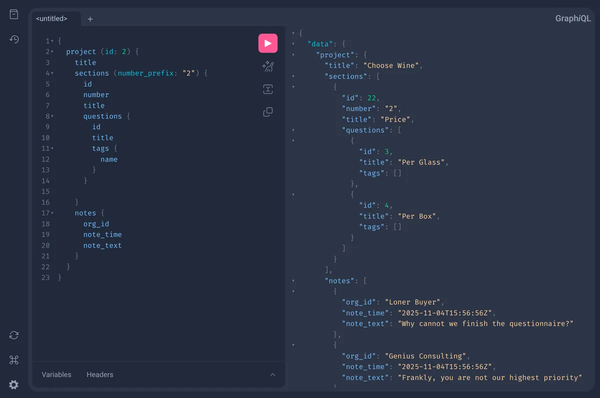 Screenshot of Fluvia's Graphql Querying capability